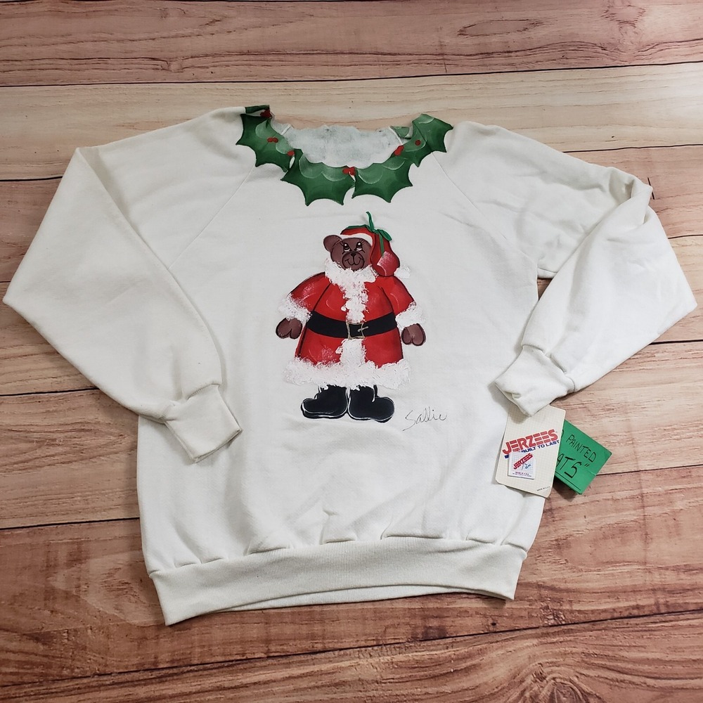 NEW VINTAGE Jerzees Sweater Women Large White Hand Paint Christmas Ugly Bear 80s